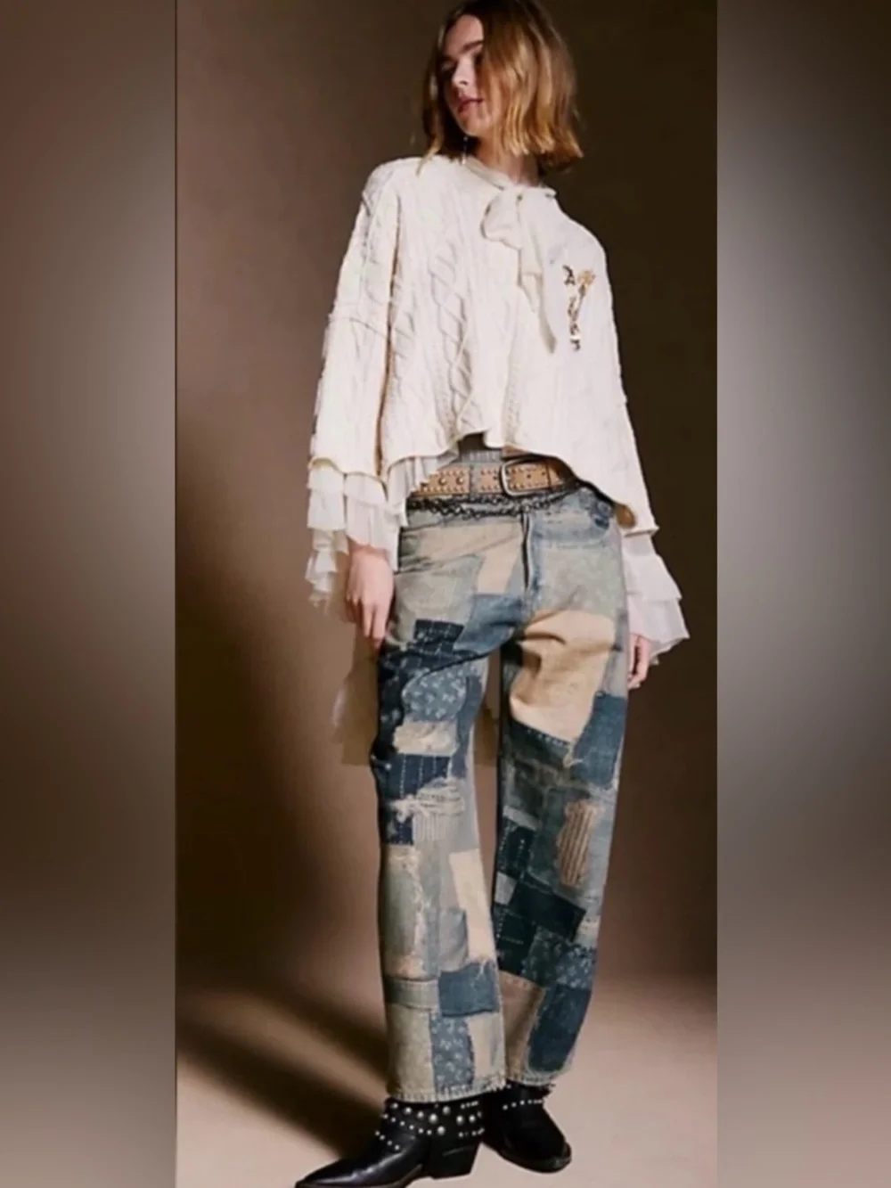 NWT FREE PEOPLE WE THE FREE Illusions Relaxed Fit Jeans Indigo Combo Patch‎ 27